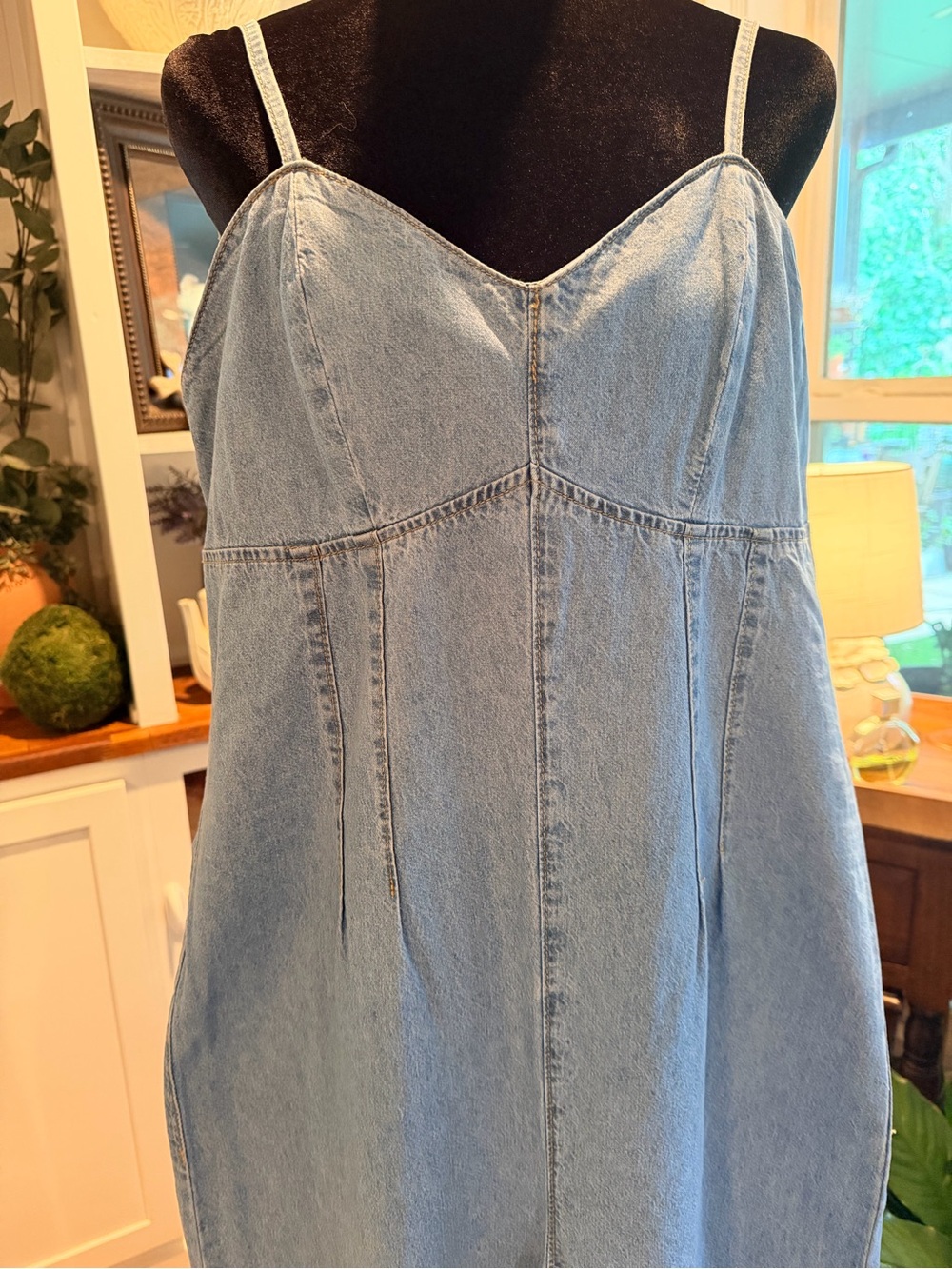 Light Blue Wide-Leg Denim Jumpsuit with Spaghetti Straps - Picture 2 of 8